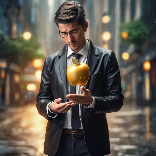 An investor with an apple representing shares sells covered calls, collecting option premiums like rain