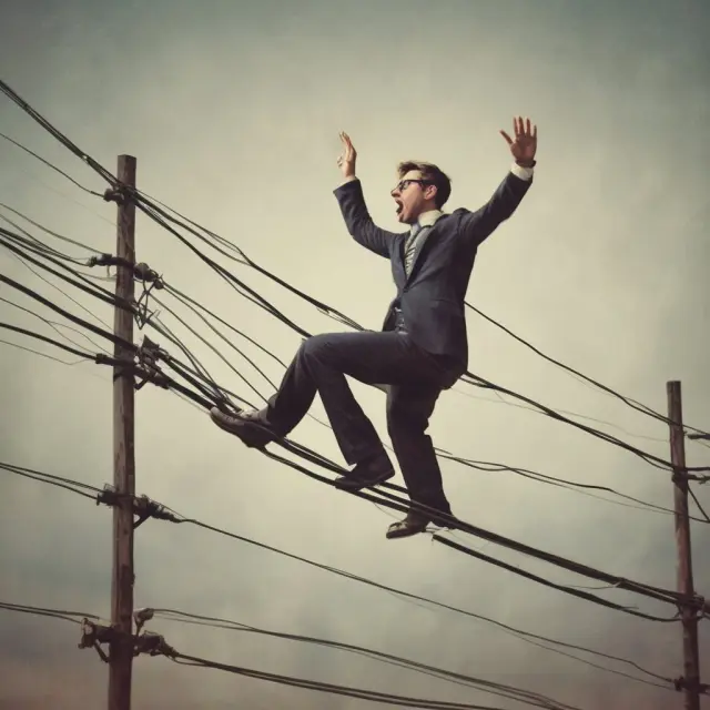 An option writer precariously balances on a high wire, representing the risks involved in selling uncovered calls and puts.