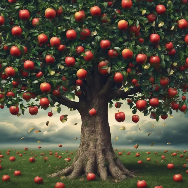 Apple tree bearing call options as fruits; some golden coins represent successful income, while others are at risk from stock market storm