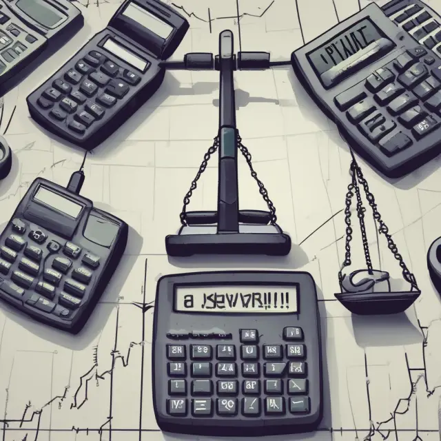A balanced scale with a calculator representing option pricing factors: stock price, volatility, time until expiration, and risk-free interest rate.