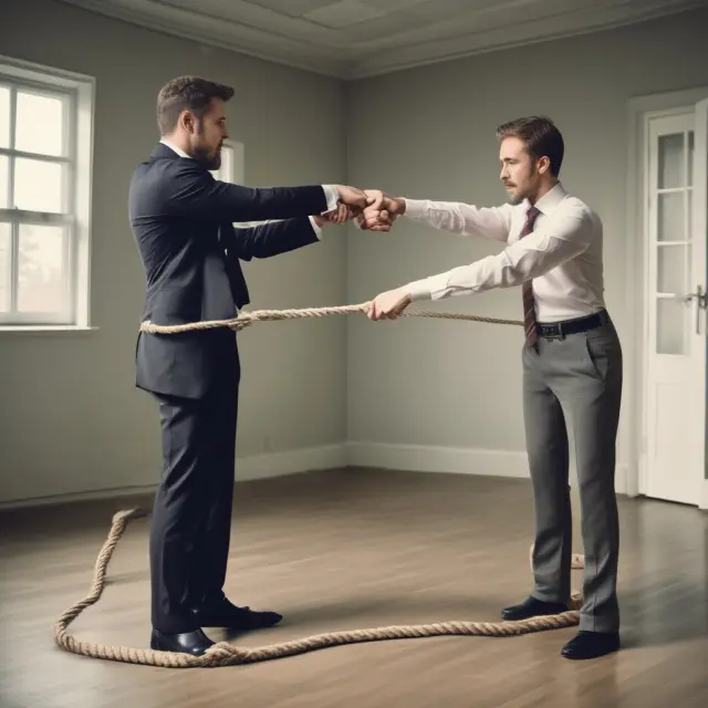 Borrower and lender engaged in a tug-of-war over pre-foreclosure and writ of seizure and sale. Symbolizing negotiations and potential resolution.