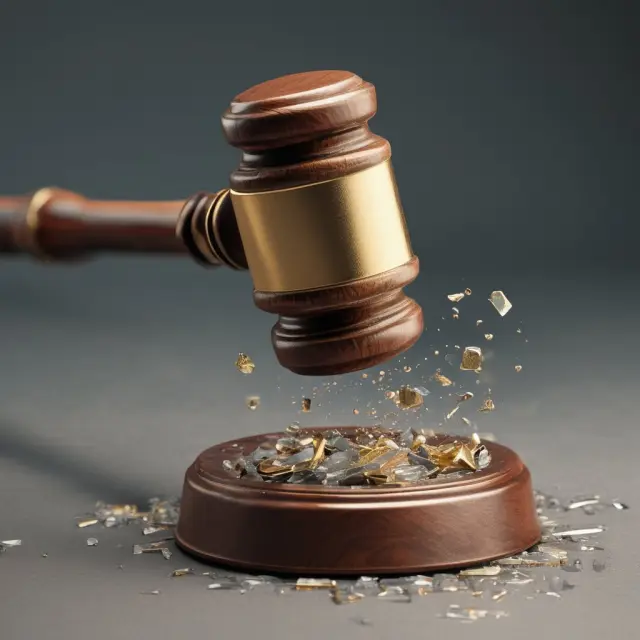 A creditor wielding a golden hammer shatters a debtor