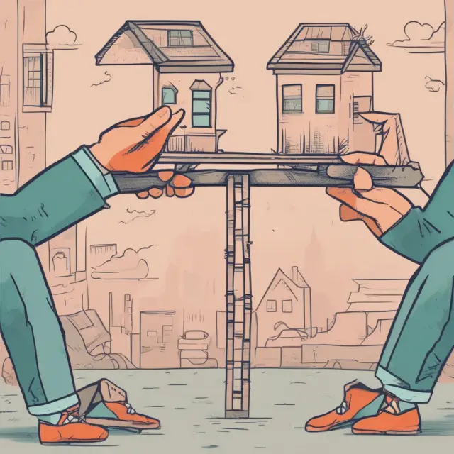 A person clinging to a fragile wooden bridge while the lender extends a helping hand, symbolizing various loan alternatives preventing foreclosure.