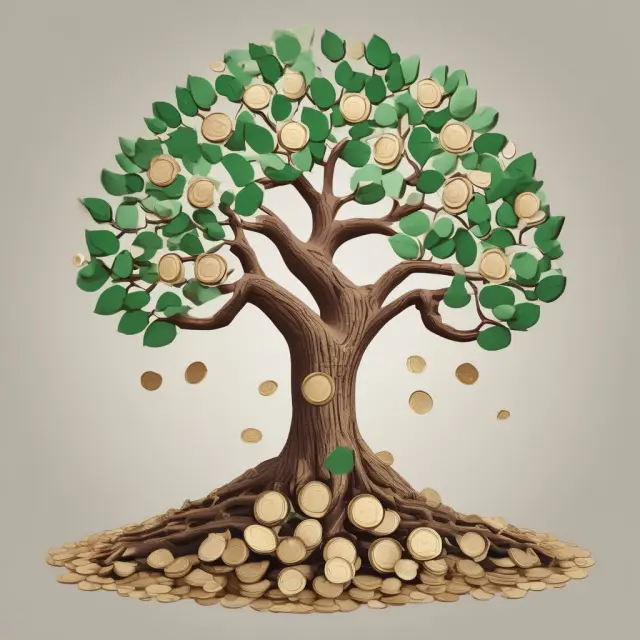 A flourishing tree with coins symbolizing insurance policies and a growing root system signifying gross written premiums