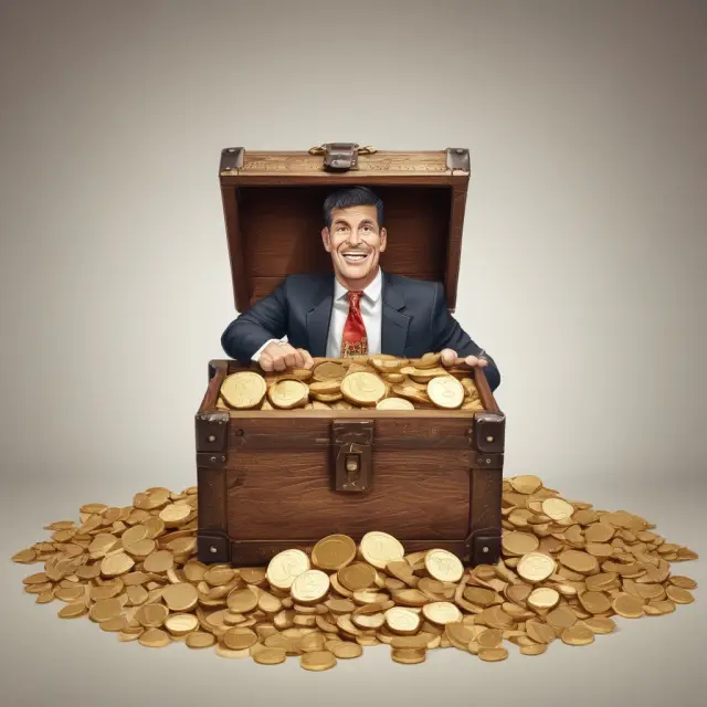 An insurance agent holds a treasure chest filled with golden coins representing commission payments that are part of the total written premiums for an insurance company