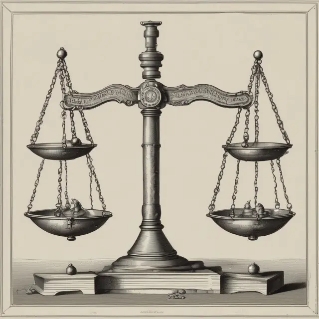 Ancient scale balancing tangible machinery and intangible patent assets, with amortization and depreciation droplets dripping down to adjust their value