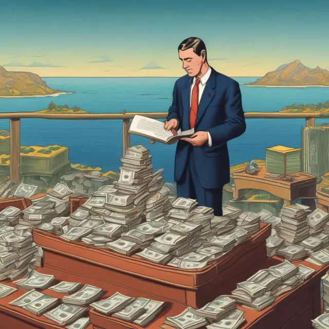 Banker examining valid negotiable instruments on a UCC book next to an ocean of money, symbolizing the importance of following regulations in financial transactions.