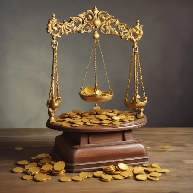 An ancient scale with actual damages represented by golden coins, while the bank