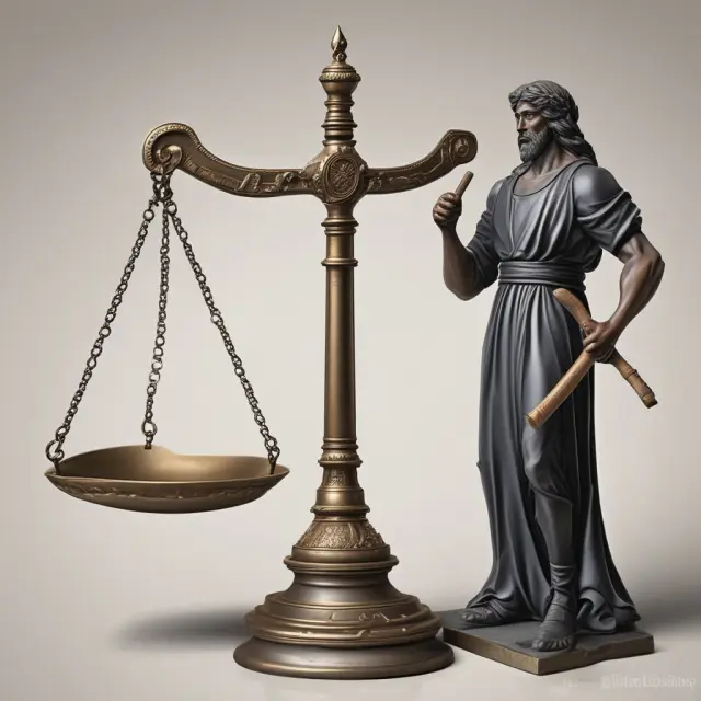 A balance scale represents the concept of at-will employment, with a shield symbolizing contracts and an employer holding a hammer for termination. The justice figure assesses the situation.