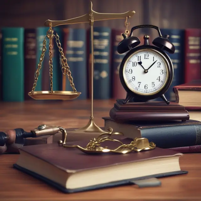 A determined lawyer weighs legal books under the pressure of a ticking clock in this image, representing the importance of timely filing and seeking justice for wrongful termination claims.