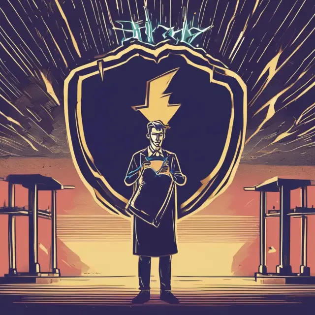 A whistleblower bravely standing up to their employer with a protective shield and a lightning bolt symbolizing the power of speaking truth, retaliation claim.