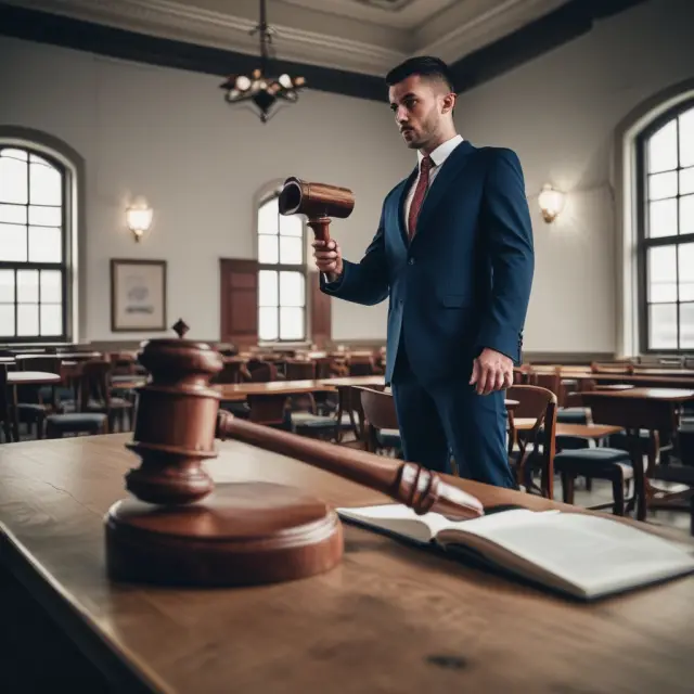 Workplace scene featuring a worker standing in front of a gavel, representing NLRA protection and the power to prevent wrongful terminations.