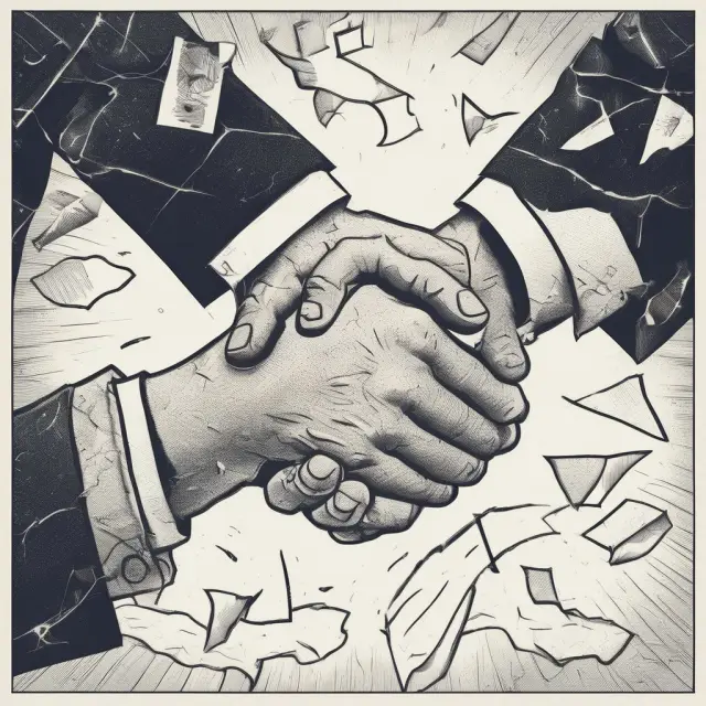 Two hands symbolizing an agreement shake, only to have the deal crumble into fragments, representing a breach of contract.
