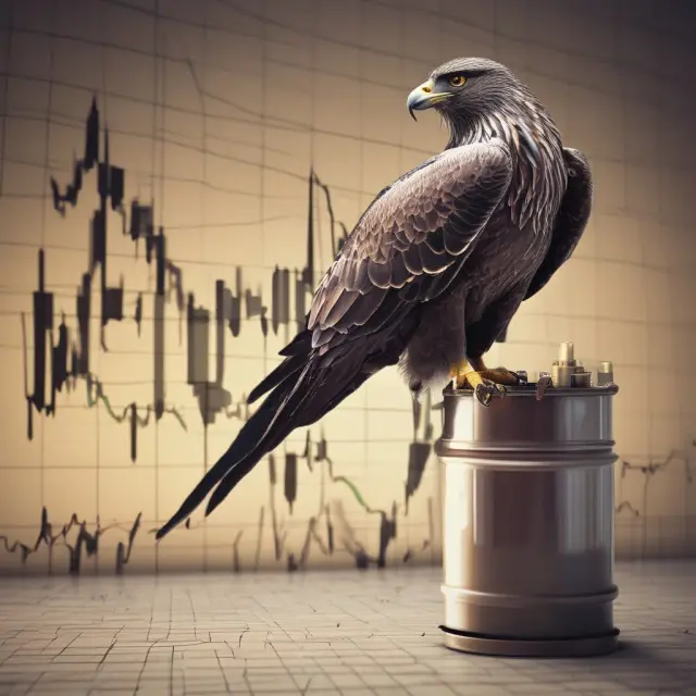 An OPEC falcon flying above a line graph representing WTI crude oil prices, symbolizing the cartel