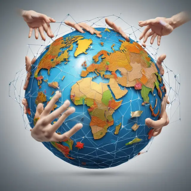 Interconnected hands forming the WTO symbol on a globe, representing international cooperation and global trade