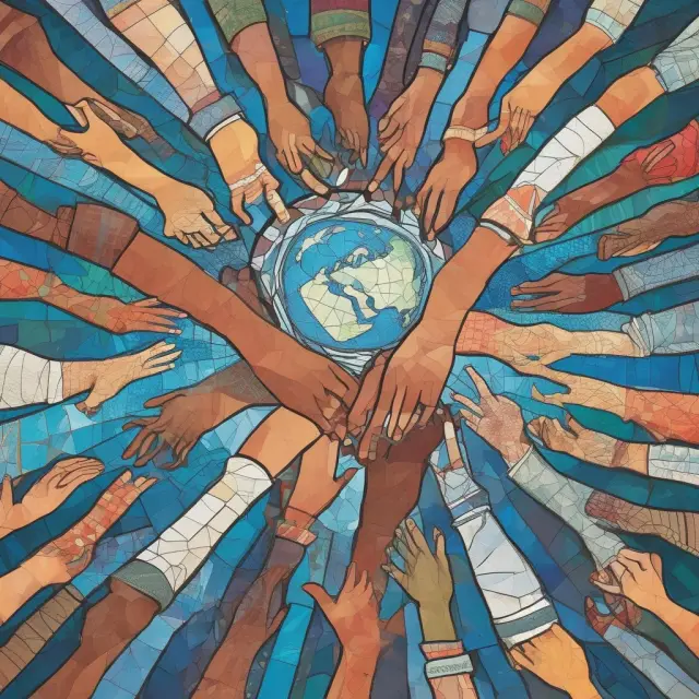 A bridge connecting multiple nations with intertwined hands represents the World Trade Organization