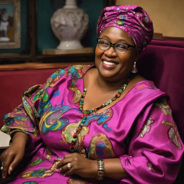 A Nigerian star, Ngozi Okonjo-Iweala, navigates a traditional wooden boat through stormy global trade waters while holding the WTO charter