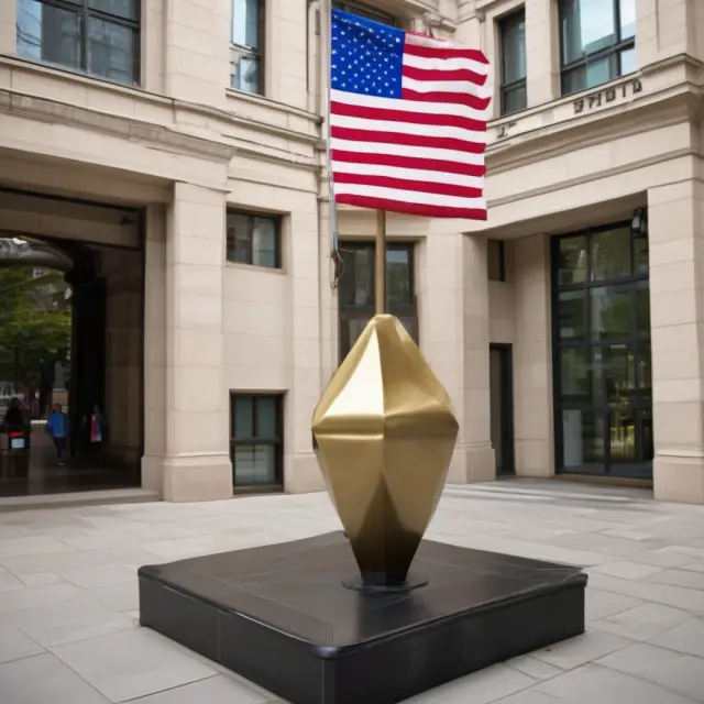 A giant pendulum swinging between two sides, with the US flag representing its end and the WTO logo on the other. Illustrating the intricate relationship between the US and the WTO.