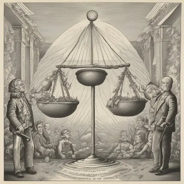 An image of two unequal scales, with one side weighing down heavily on the other, symbolizing international wealth disparities and the World Trade Organization