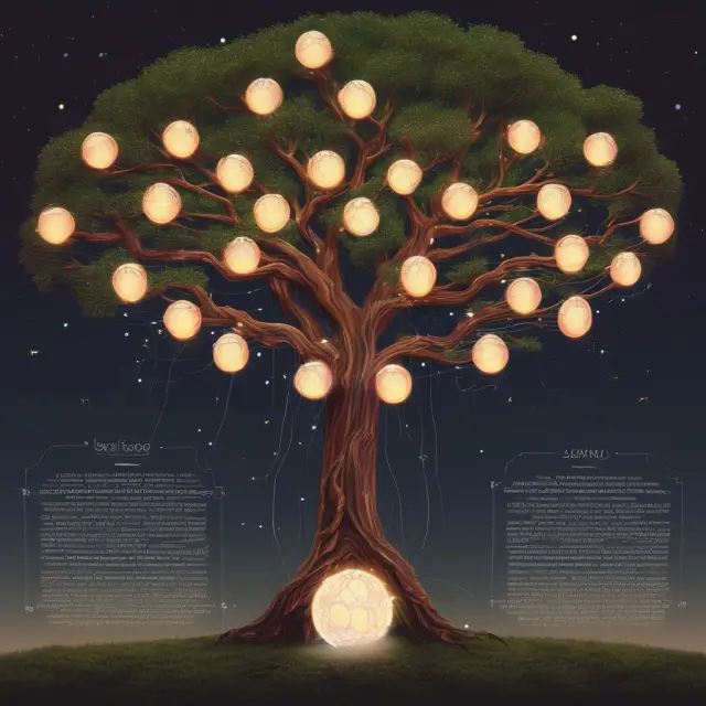 An XML tree with glowing orbs symbolizing XBRL tags integrated within a complex XBRL reporting structure