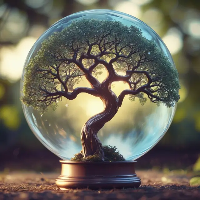 A crystal ball filled with XBRL data, glowing with AI technologies and future branches representing industry growth.