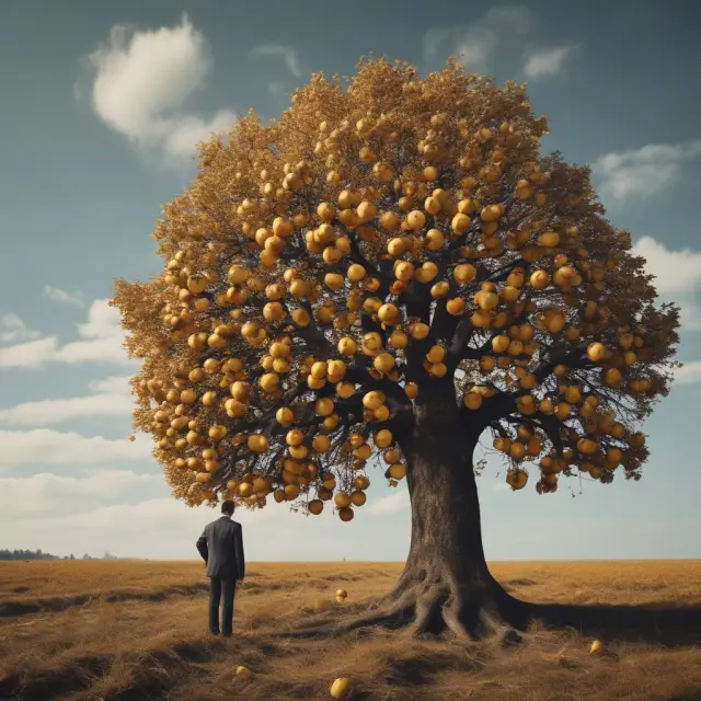 A shareholder inspects a fruitful dividend tree, with branches labeled 