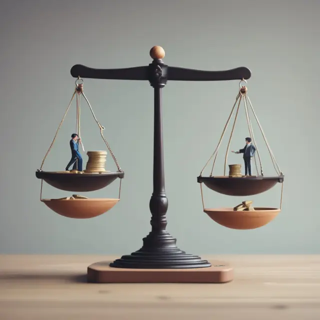 An investor assesses their decision to buy or sell, with shares symbolizing stocks and dividends represented by gold coins on a balance scale