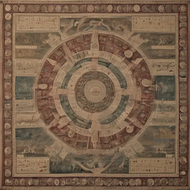 An intricately woven tapestry representing the development and interconnectedness of various xenocurrencies in history.