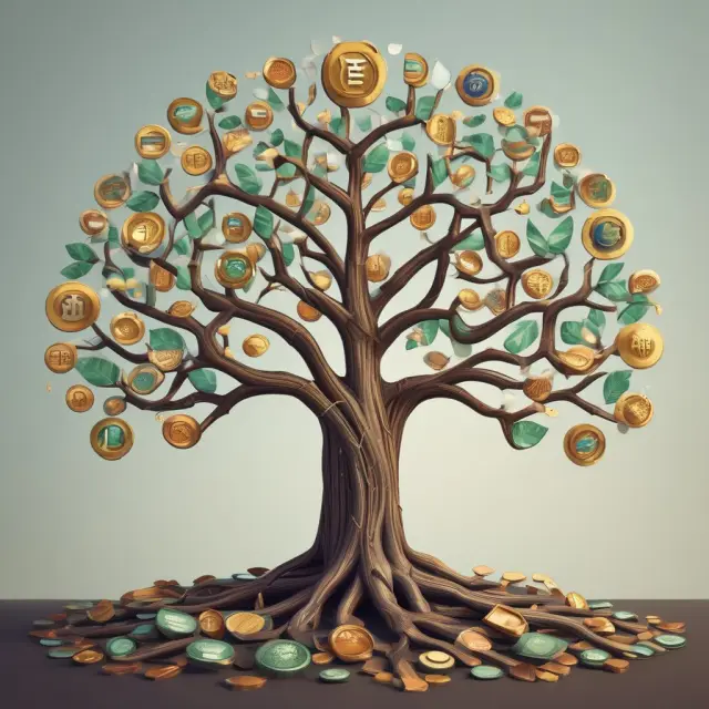 An illustrated tree with branches of various xenocurrencies flourishing in a global finance landscape