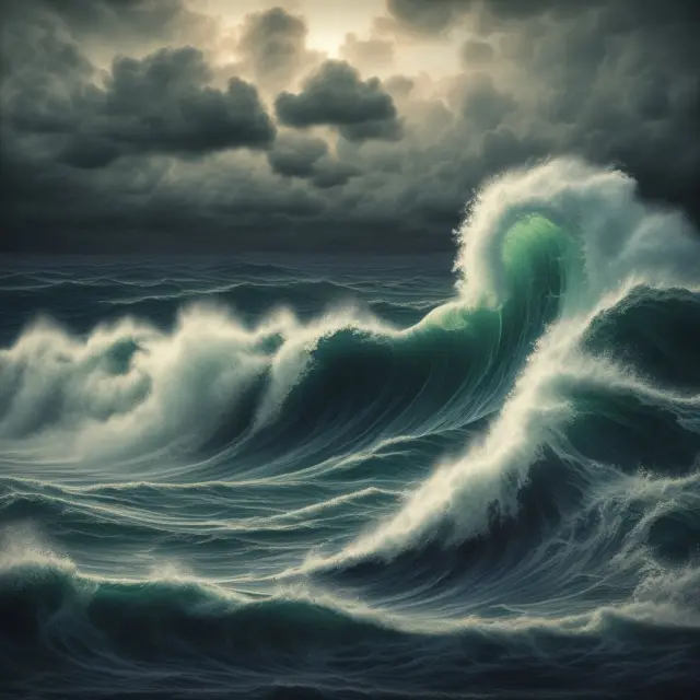 Stormy sea with currency waves clashing, symbolizing volatile xenocurrency markets