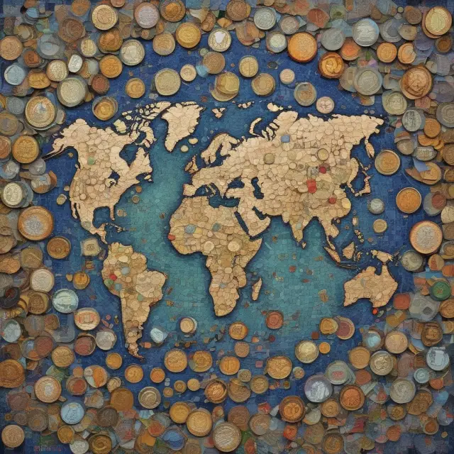 Colorful xenocurrency coins representing various countries on a detailed world map