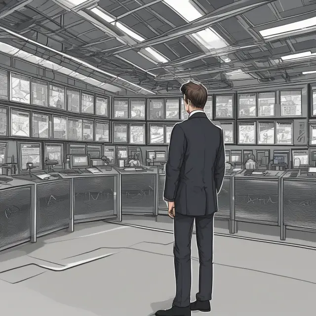 A time traveler observes the evolution of Xetra, from a bustling trading floor in the past to a sleek digital platform of today