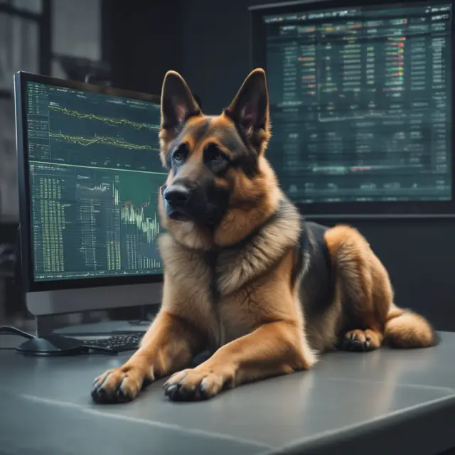 A German Shepherd dog protecting a computer screen displaying the Xetra trading platform, emphasizing secure investments