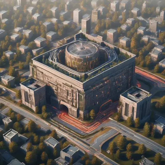 Advanced fortress with interconnected computers and AI guards, symbolizing Xetra