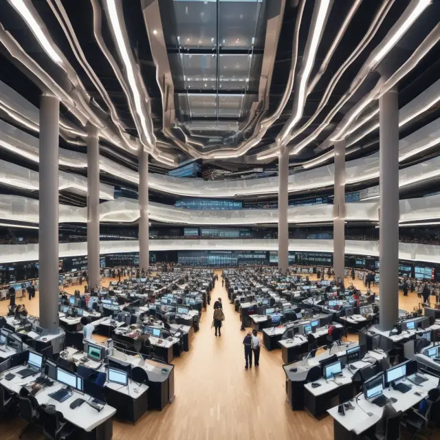 An electronic wave crashing over physical trading floors, representing Xetra