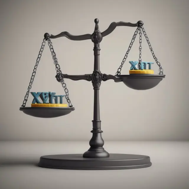 Balance scale illustrating ex-rights trading: XRT symbol vs. stock symbols with discounted price and shares