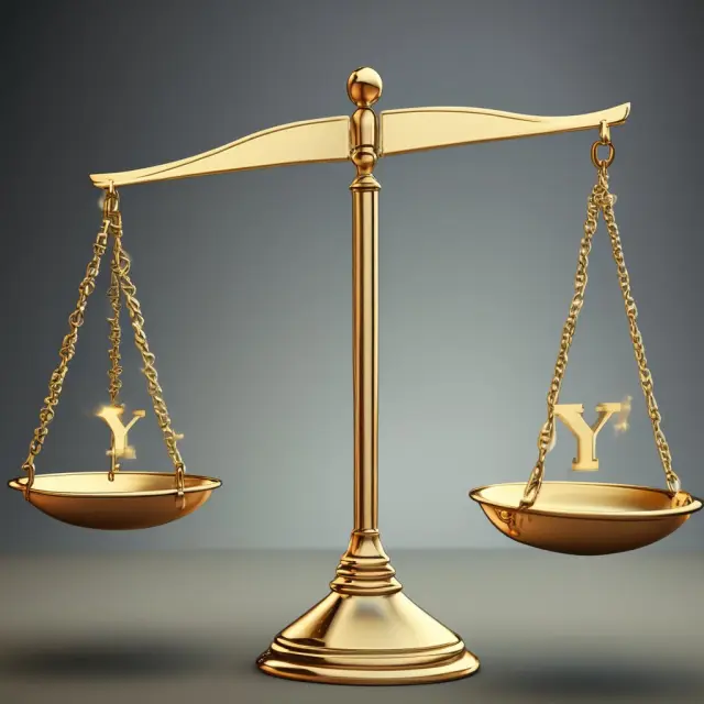Institutional investors weighing Y-share labels against golden scales, illustrating fee savings in investments