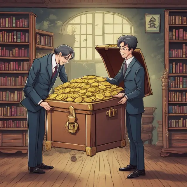 An advisor directs a colossal yen coin, symbolizing institutional investors, toward the treasure chest of Y-share savings