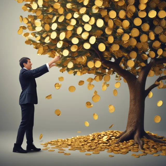 ADR investor receiving dividend and capital gain distributions as golden coins from a fruitful tree, illustrating the convenience of handling foreign investments through American Depositary Receipts.