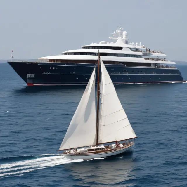 A jumbo yacht cruising peacefully next to a smaller pleasure boat, symbolizing varying levels of insurance coverage and exclusivity