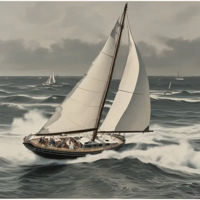 A large yacht navigating rough waves while a line-up of smaller pleasure boats remains anchored
