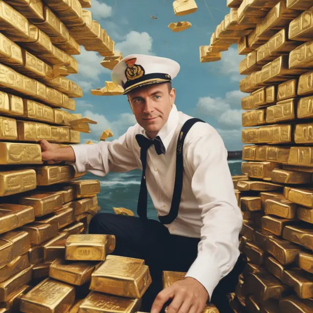 A sailing ship carries golden bars through rough seas, symbolizing investors
