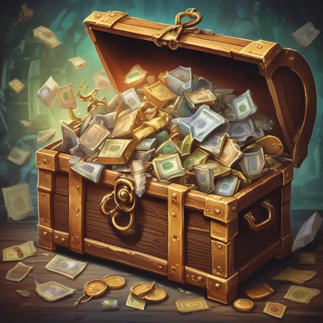 A golden key unlocks a treasure chest brimming with various currencies, representing the process of buying a Yankee CD from foreign banks or broker-dealers