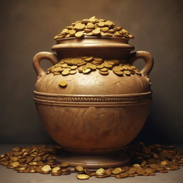 Golden coins pouring from an ancient amphora, representing the rich history and transformation of year-end bonuses