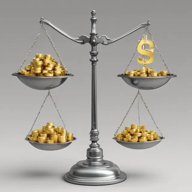 A balance scale with a golden side for performance-based bonuses and a silver side for contractual bonuses