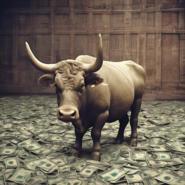 Bull symbolically representing a company holds stock option papers instead of piles of cash for year-end bonuses during economic downturn