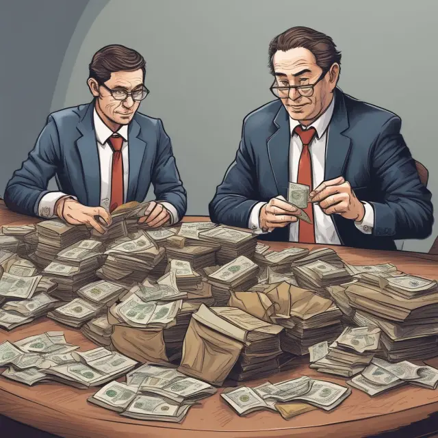 An accountant and a taxman examine piles of year-end bonuses for employer taxes, while an employee holds coins representing personal income. Tax implications.