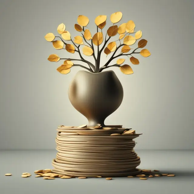 Golden seed symbolizing year-end bonus on a scale, with spending represented by a piggy bank, saving as a growing tree, and debt management shown as an erasing debt balance