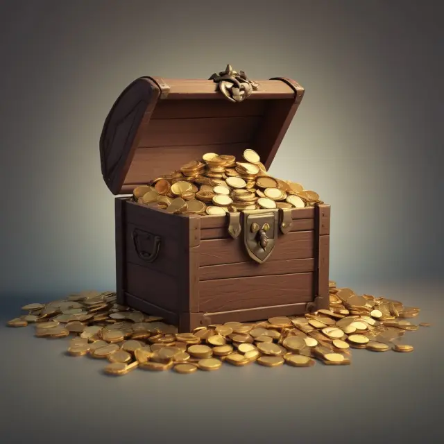 A treasure chest overflowing with coins symbolizing year-end bonuses, illustrating rewards and savings FAQ section