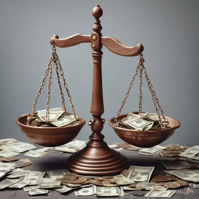 Two scales balancing, one showing rising revenue with 